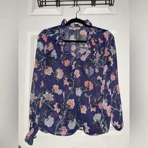 LOFT Purple Floral Lightweight Sheer Blouse Small